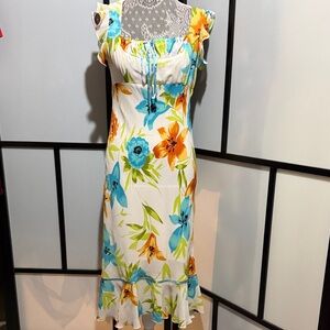 White Floral Maxi Dress with Turquoise & Orange Blooms
